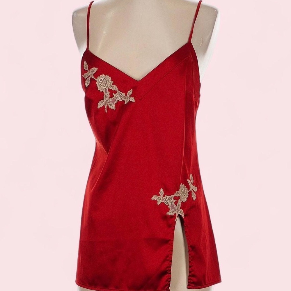 La Perla Red Satin Slip with Cream Floral Appliqué